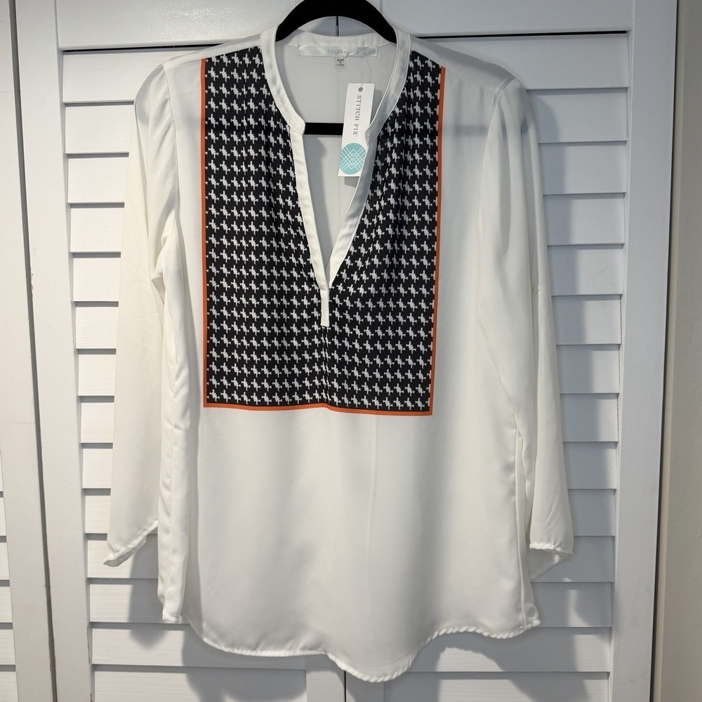 New Fun2Fun Calgary Houndstooth Detailed Blouse White XL Stitch Fix